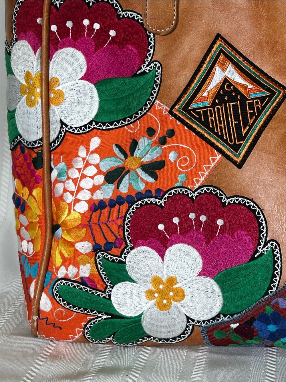 Plunder Tote Bag Camel Brown Faux Leather Multicolor Floral Bee Butterfly Patch - Picture 2 of 15